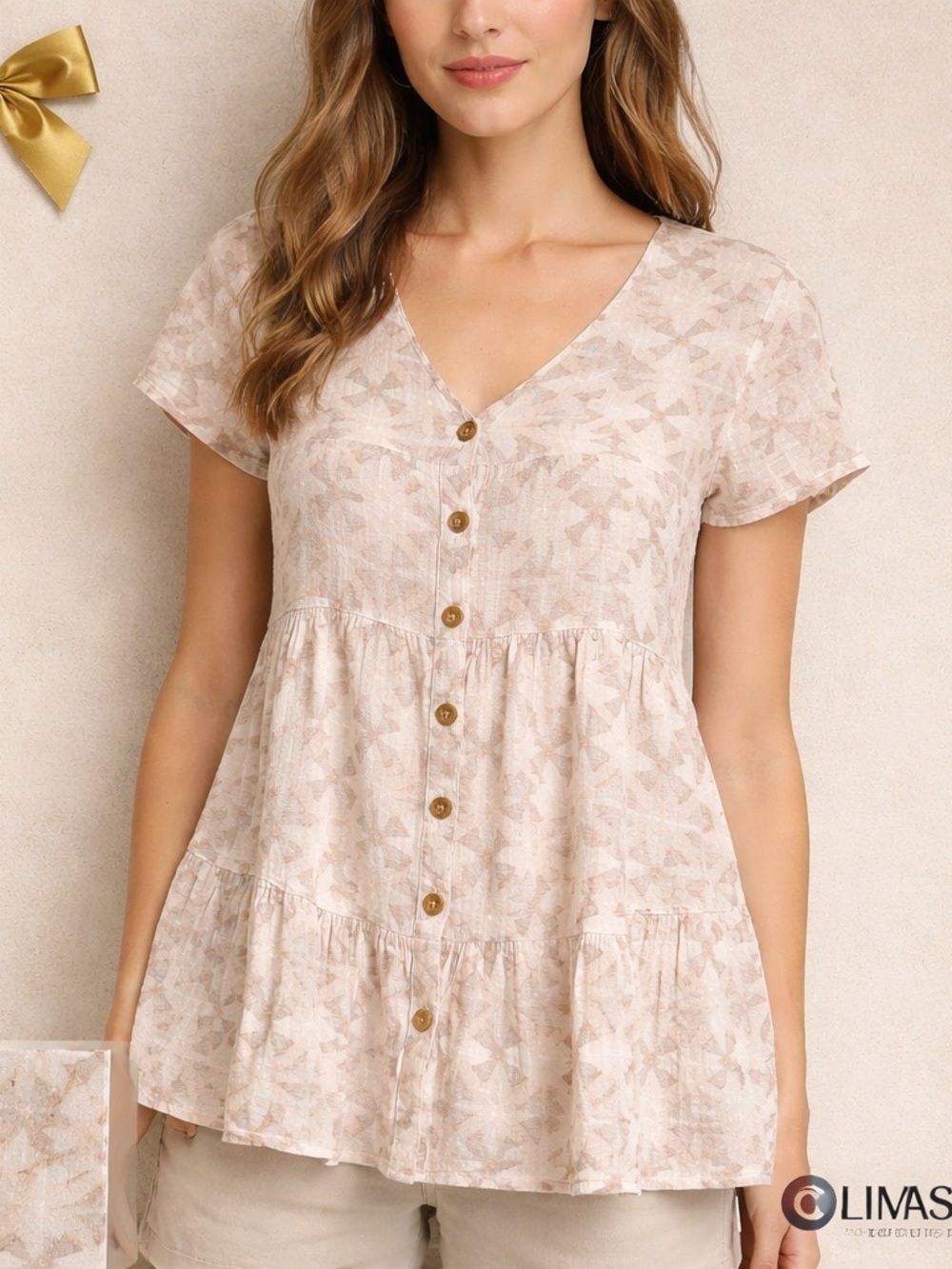 Boho Cotton Button Front Blouse Flowy Neutral Print Size Small